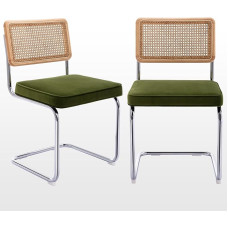 Zesthouse komplekt 2 naturaalset rotangist söögitooli oliiviroheline kaasaegne köögitool massiivpuust seljatoega ja kroomitud alusega, mis on inspireeritud Breueri disaini keskaegsest disainist, polsterdatud sametkangaga