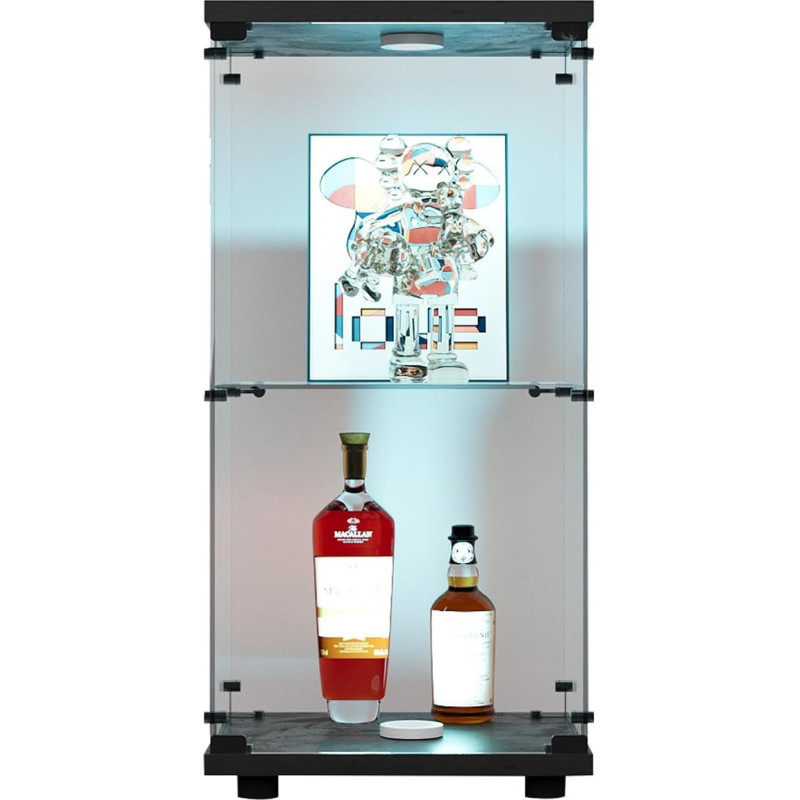 RWUDV klaasist vitriinkapp LED-valgustusega, 86 x 43 x 37 cm, kaasaegne vitriinkapp 2 riiuliga, 1 uks, klaasist kapp, karastatud klaasist ja puidust seisev vitriinkapp, elutuppa kasutamiseks