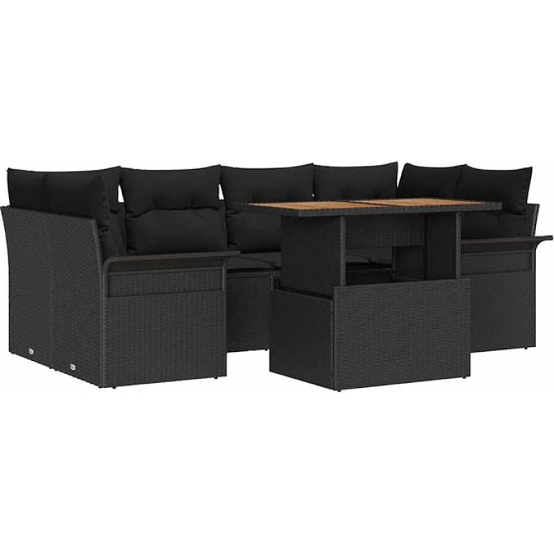 Rantry 7-teiliges Garten-Sofa-Set mit Kissen Schwarz Poly Rattan Gartenlounge Model3358025