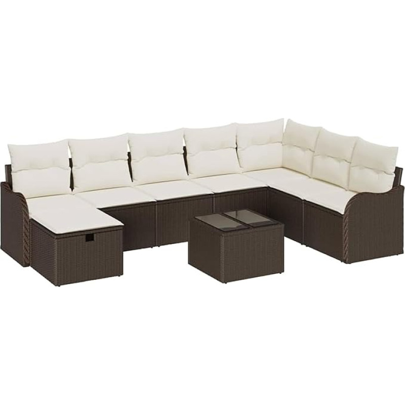 9-teiliges Garten Sofa Set mit Kissen Braunes Poly Rattan, 2-Sitzer Garten Sofa mit Kissen Braunes Poly Rattan Gartenlounge Model3359037