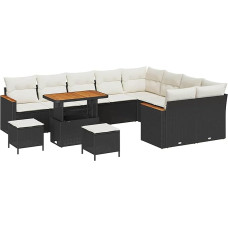 12-teiliges Garten Sofa Set mit Kissen Schwarz Poly Rattan Akazie Gartenlounge Model3363085