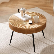 Ümmargune kohvilaud, lineaarse disainiga puidust elutoa laud, mustade metalljalgadega kohvilaud, diivanilaud elutoas, helepruun kohvilaud, läbimõõt 60 x 42 cm