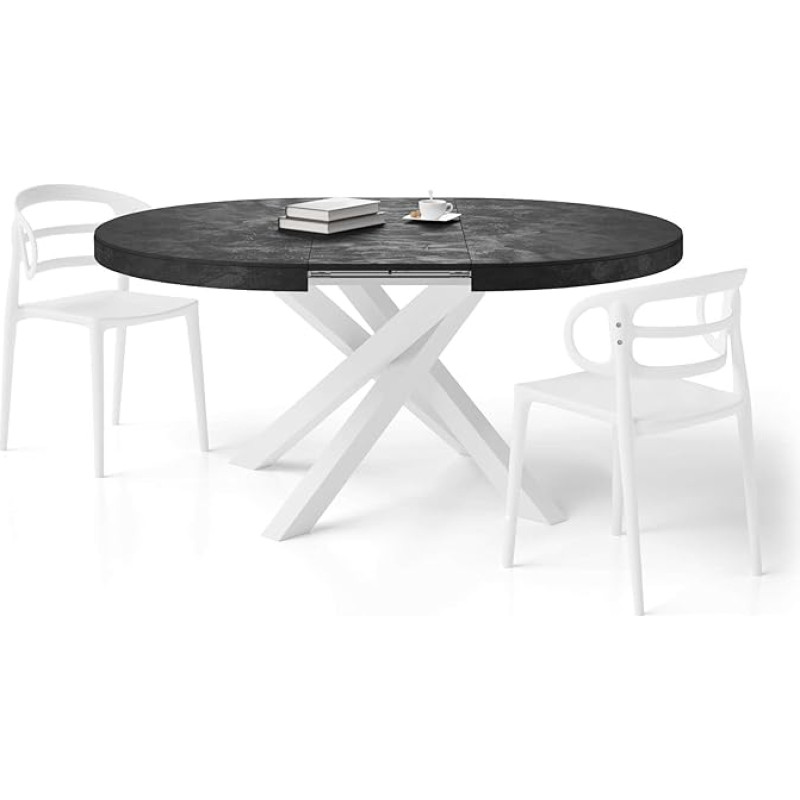 MOBILI FIVER, Emma ümmargune pikendatav laud, 120-160 cm, must betoon, ristatud valged jalad, Made in Italy