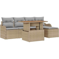 6-teiliges Garten Sofa Set mit Kissen Beige Poly Rattan Akazie, 2-Sitzer Garten Sofa mit Kissen Beige Poly Rattan Gartenlounge Model3349447