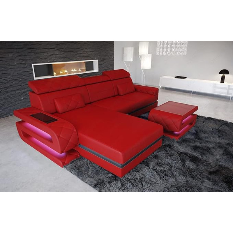 Bologna diivan kui L-kujuline nurgadiivan nahast diivan USB-ühendusega Salvestusruumid Valgustus Peatoed Disaineri diivan diivan (Ottomani vasakule (vaadates diivanile), punane/must), punane/must