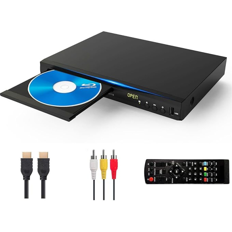Blu-ray DVD mängija, multimeedia plaadimängija filmide ja muusika jaoks, Dolby Audio, Full HD 1080P Blu-Ray plaadimängija HDMI väljundiga / AV väljund / koaksiaalväljund / Blu-Ray plaat piirkonna B/2 jaoks.