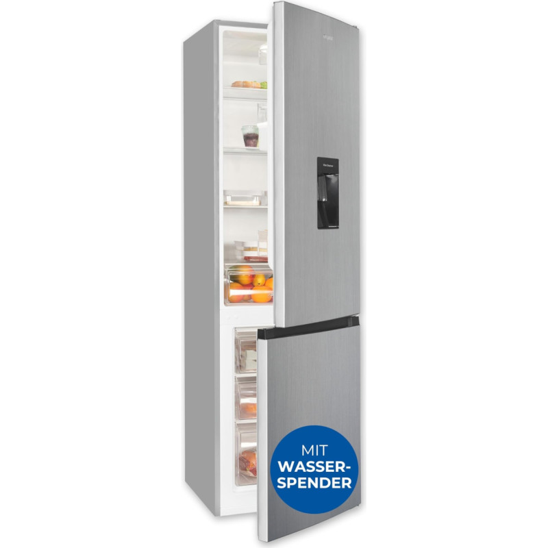 Exquisit Fridge-Freezer, 180 cm Height, Fridge with Freezer, 260 Litres, Water Dispenser, Alarm Function, 4-Star Freezer, KGC5265-70-WS-040D Inoxlook