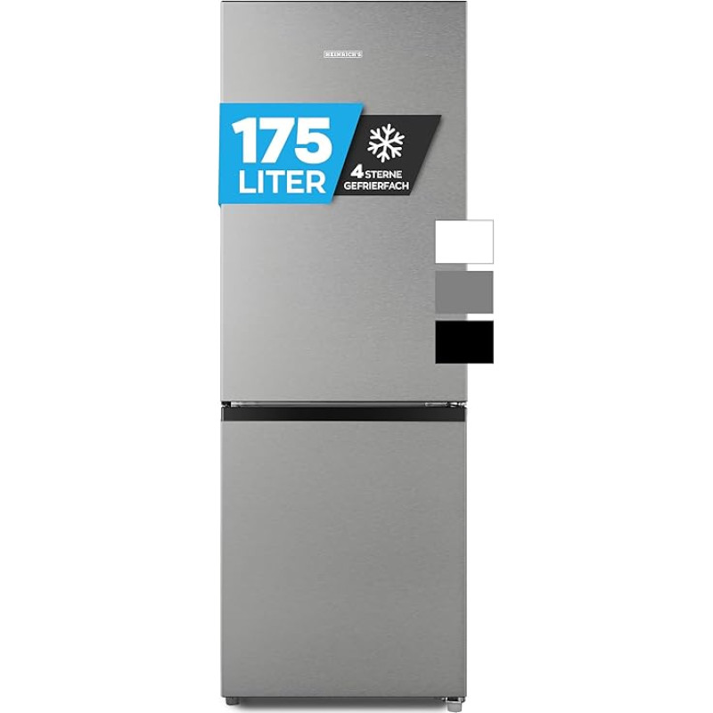 Heinrich´s Fridge Freezer Combination 175 Litres, XXL, Fridge with Freezer, Fridge Volume 122 L, Freezer Compartment 53 L, Quiet 39 dB, Large Freezer Boxes, 7 Temperature Levels (Energy Class E, Inox)