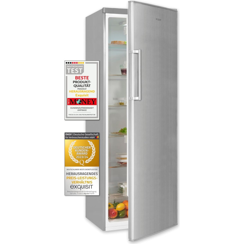 Exquisit Full-Room Refrigerator KS350-V-H-040D inoxlook, Net Capacity: 331 L, 6 Glass Shelves, Door Hinge Changeable, Without