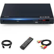 TLarder DVD mängija telerile HDMI väljundiga, Full HD 1080p Upscaling, Multi-formaadiga ühilduv, toetab kõiki piirkondi ja plaadiformaate, sisaldab pulti ja AV/HDMI kaablit.