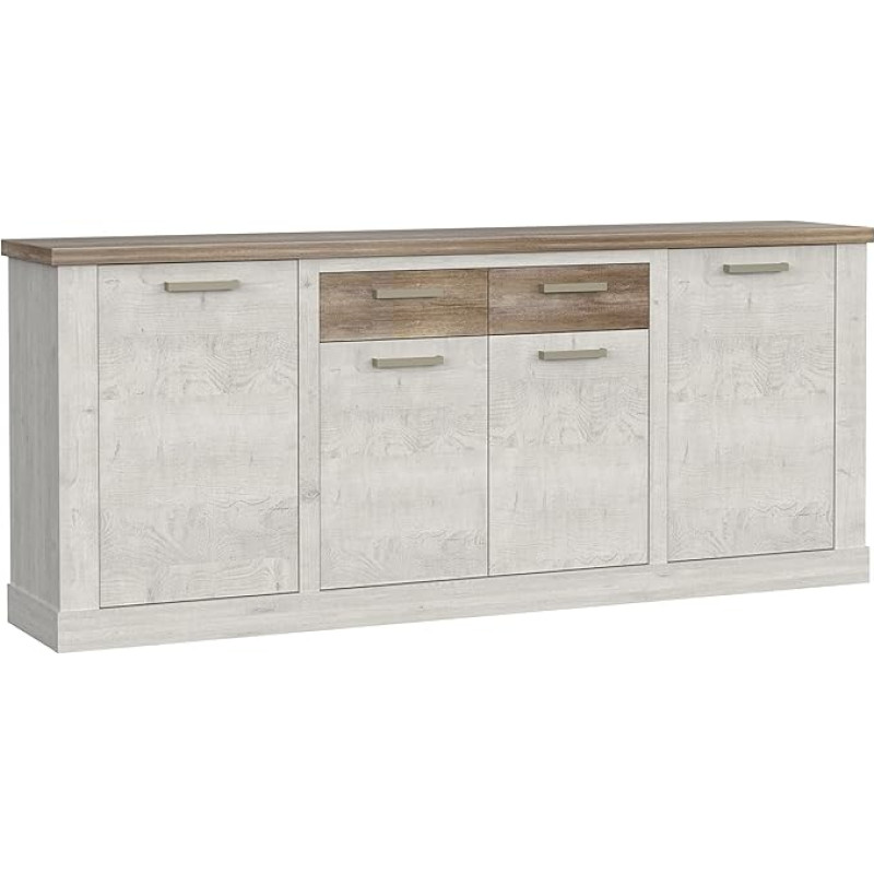 FORTE DURO kapp 4 ukse ja 2 sahtliga, komposiitpuit, valge mänd ja antiiktamm, 212,8 x 90,3 x 41,3 cm.