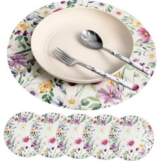 Gatuida 6 Stück Teiliges Rundes Leinen platzset mit Floralen Mustern Abwaschbare Tischsets für Esszimmer Dekorative Platzdeckchen Frühling Hitzebeständig und Pflegeleicht für Familie und