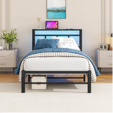 VECOCHO ühe voodiraam koos panipaiga, pealae ja laadimisjaamaga, LED tuled ja USB port, raske metallist voodiraam, üheinimesevoodi, tugev teraslattide tugi, madratsi alus, must