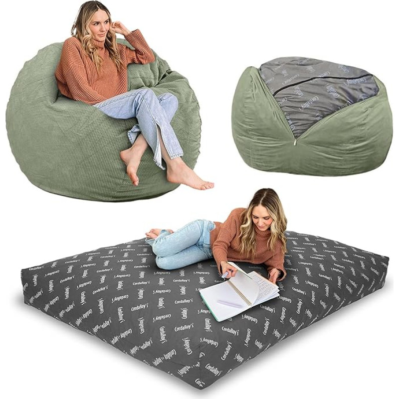 CordaRoy's Chenille Convertible Chair Folding Bean Bag to Bed As Seen On Shark Tank Moss - Queen Size