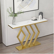 XAoSCd Zeitgenössischer Marmor-Konsolen-Sofatisch, Rechteckiger Beistelltisch Aus Eisen Für Flur, Verandatisch, Schmale Wohnzimmerdekoration, Marmor, Goldener Verandaschra,White-31
