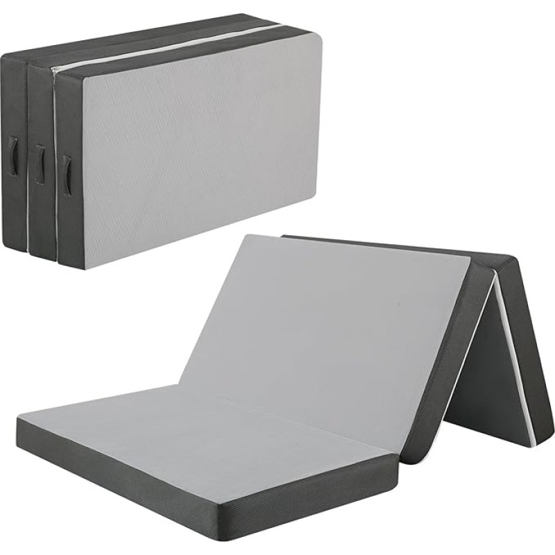 Tri Fold High Density Foam Mattress, 10cm paksune kokkupandav põrandamatrats eemaldatava kattega, kaasaskantav külalisvoodi Futon madrats reisimiseks telkimiseks, hall