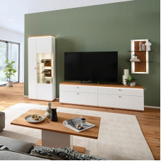 Elutoa mööblikomplekt, valge ja tamme värvi, 4 tk, kaasaegne, 1 vitriinkapp, 1 madallaud, 1 seinariiul, 1 kohvilaud, valgustus