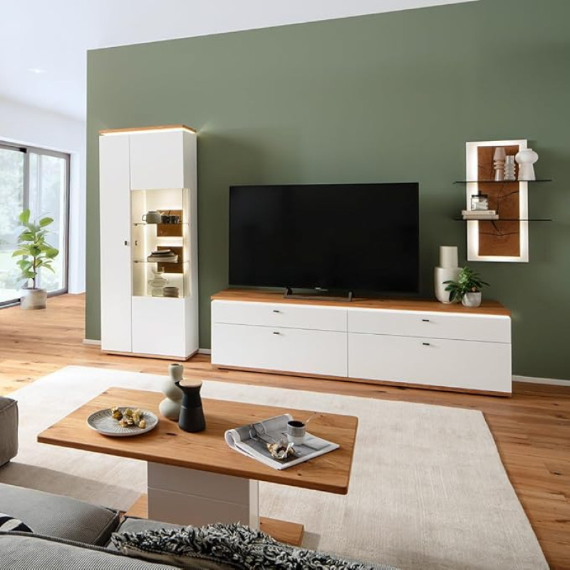 Elutoa mööblikomplekt, valge ja tamme värvi, 4 tk, kaasaegne, 1 vitriinkapp, 1 madallaud, 1 seinariiul, 1 kohvilaud, valgustus