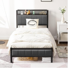 Diahomy 3ft ühe voodiraam koos ladustamise peatoega, polsterdatud platvormvoodiraam, madratsi alus, metallist lamellidega tugi, ei vaja kastivedrusid, tumehall ühe voodi raamid