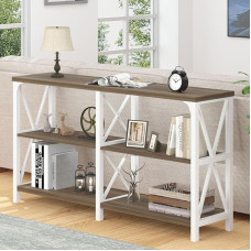 LVB Farmhouse sissepääsulaua, tööstuslik puidust diivanilaud riiuliga, kaasaegne konsoollaud elutoa diivani taga, puidust koridorist fuajeelaud esikusse, valge tamm, 140 cm