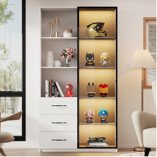 LANTRO JS vitriinkapp raamaturiiul karastatud klaasist uksega ja LED-valgustusega, 3 sahtlit ja 3 avatud kambrit, alumiiniumraamiga ja pehmelt sulguvate hingedega klaasvitriinkapp, valge