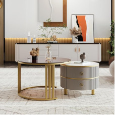 BTM 2-in-1 ümmargune MDF kohvilaud, Kõrvallaud 1 kõrgläikega lauaplaadiga ja 1 pruunist karastatud klaasist lauaplaadiga, elutoa kohvilaud-kombinatsioon 2 sahtliga, 70 x 70 x 45 + 50 x 50 x 40 cm.