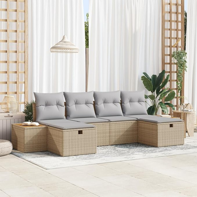 Rantry 6-teiliges Garten Sofa Set mit Kissen Beige Poly Rattan Gartenlounge Model3359652