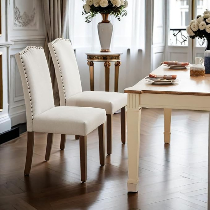 Kaasaegsed söögitoa toolid, komplekt 2, stiilne köögitool puidust jalgadega, söögitoa tool polsterdatud kangaga ja naelapea kaunistusega elegantseks kodukujunduseks, beež riiega