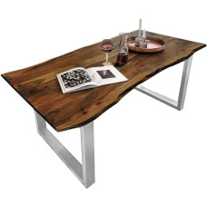 SAM B-Ware Mundra söögilaud 160 x 85 cm Akaatsiapuidust tahvellaud massiivne + pähkli värvi U-metallist raam hõbedane söögilaud ehtsa tahvli servaga