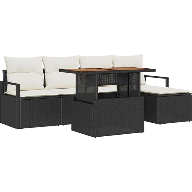 6-teiliges Garten Sofa Set mit Kissen Schwarz Poly Rattan Akazie, 2-Sitzer Garten Sofa mit Kissen Schwarz Poly Rattan Gartenlounge Model3349697