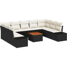 Rantry 10-teiliges Garten-Sofa-Set mit Kissen Schwarz Poly-Rattan Akazie Gartenlounge Model3356668
