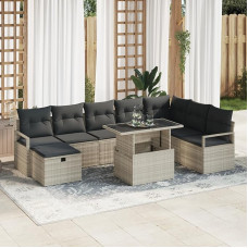 Rantry 9-teilige Garten-Sofa-Set mit Kissen Hellgrau Poly-Rattan Gartenlounge Model3361151