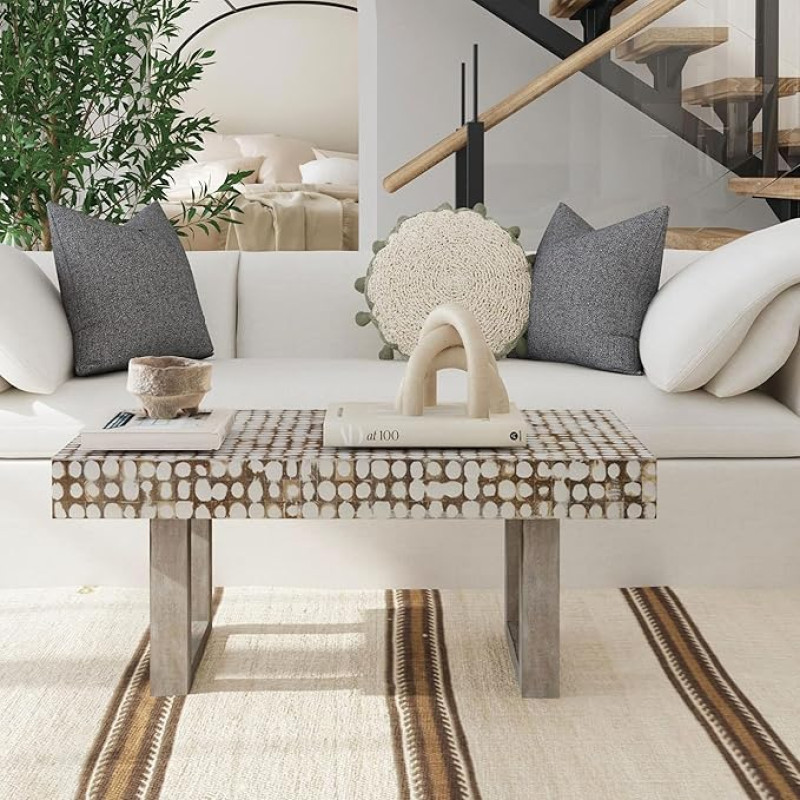 East at Main valge kohvilaud - käsitsi valmistatud aktsentlaud kookospähkli koorikuga, ristkülikukujuline puidust laud elutuppa, ranniku talumajapidamisse või Boho dekoratsiooniks