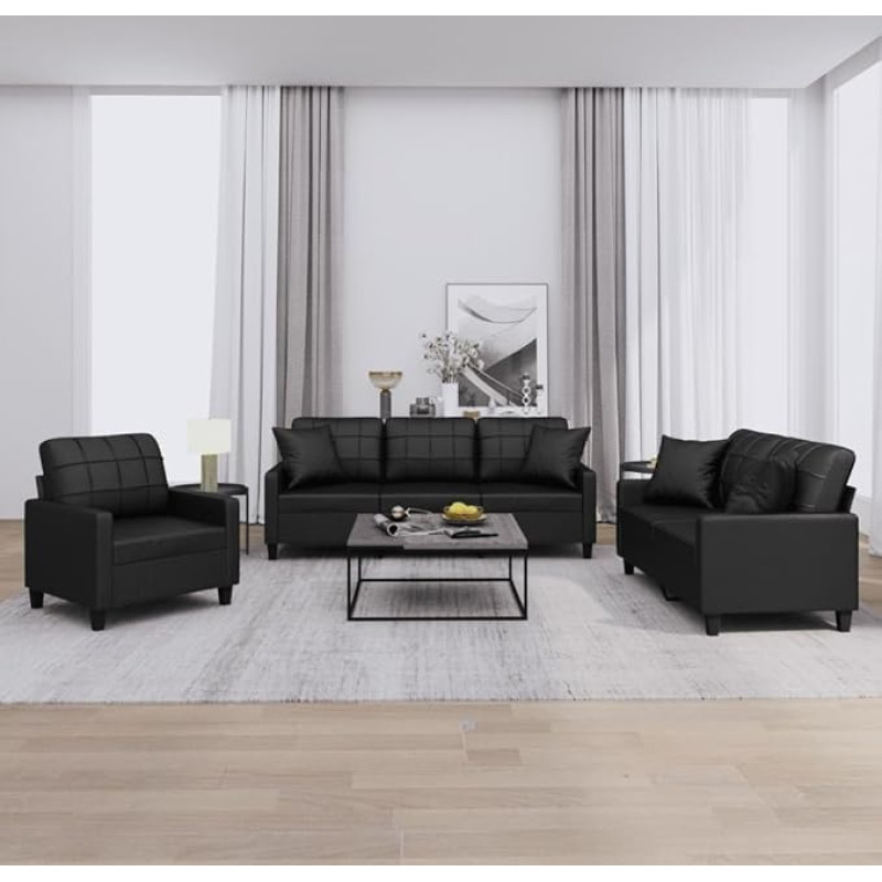 BaraSh 3-osaline diivanikomplekt koos padjadega Mustast kunstnahast diivanvoodi Cauchsofa Big Sofa