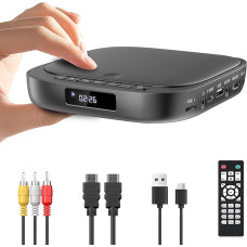 Desobry Mini DVD-mängija telerile - HD 1080p, piirkonnavaba, USB/TF-kaardi sisend, PAL/NTSC, HDMI koos HDMI/RCA-kaabliga