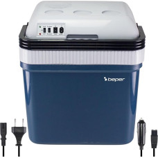 BEPER P P102CON300 Portable Electric Refrigerator, 24 Litres, Cooling and Heating, 12V Car Socket and Wall Socket, Mini Fridge, White/Red, 40.2 x 30.6 x 46 cm