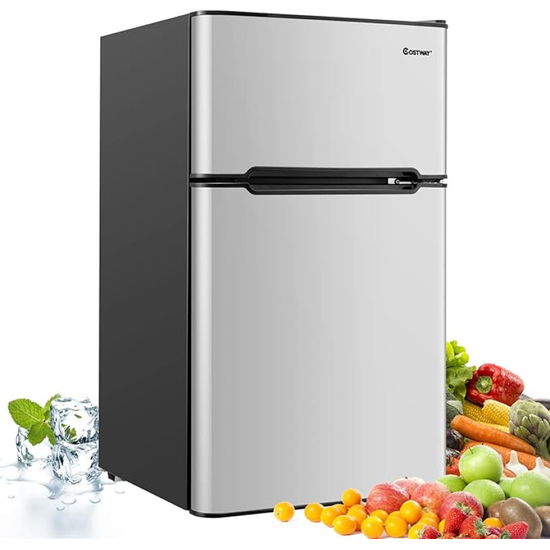 COSTWAY 90 L Fridge with 27 L Freezer Fridge Freezer Combination Standing Fridge Freezer Mini Fridge (Grey)