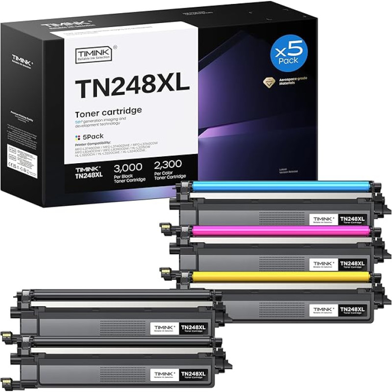 Timink 5 TN248XL toonerikassettide pakett, mis ühildub Brother TN-248 TN248 XL-ga, mis ühildub Brother MFC-L3740CDW MFC-L3760CDW MFC-L3740CDWE DCP-L3560CDW HL-L3240CDW MFC-L8390CDW HL-L3220CWE-ga.