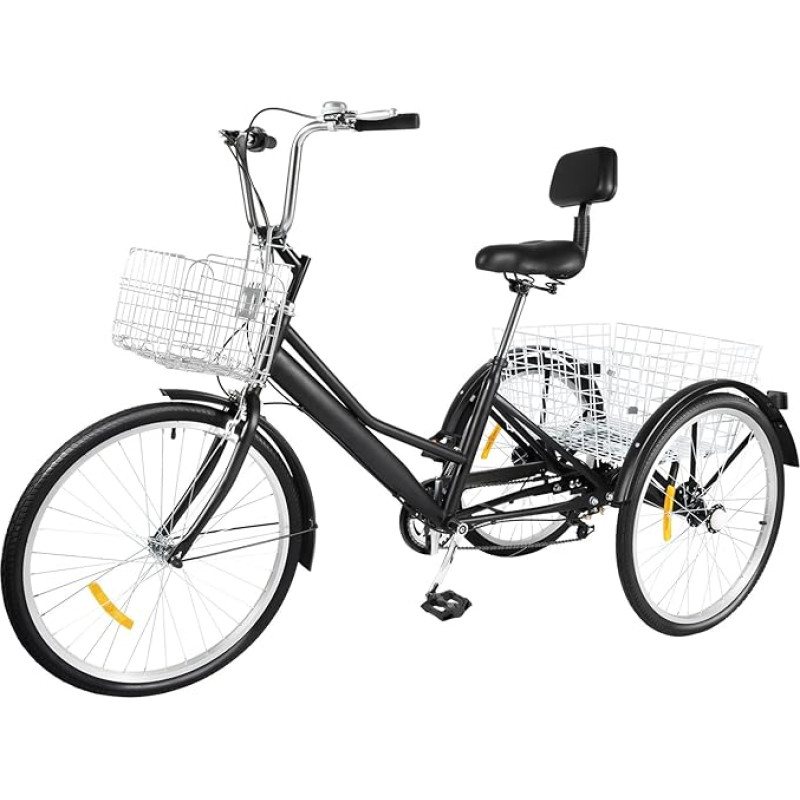 lousriyy 7-käiguline kolmerattaline jalgratas täiskasvanutele 24-tolline 3 ratastega jalgratas koos ostukorvi ja seljatoega, 3 ratta täiskasvanute kolmerattaline jalgratas Cruise Bikes Seenioride kolmerattaline jalgratas, must