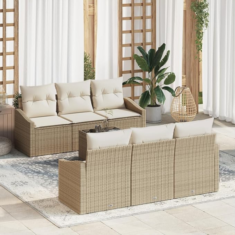 Rantry 7-teiliges Garten-Sofa-Set mit Kissen Beige Poly Rattan Gartenlounge Model3346611