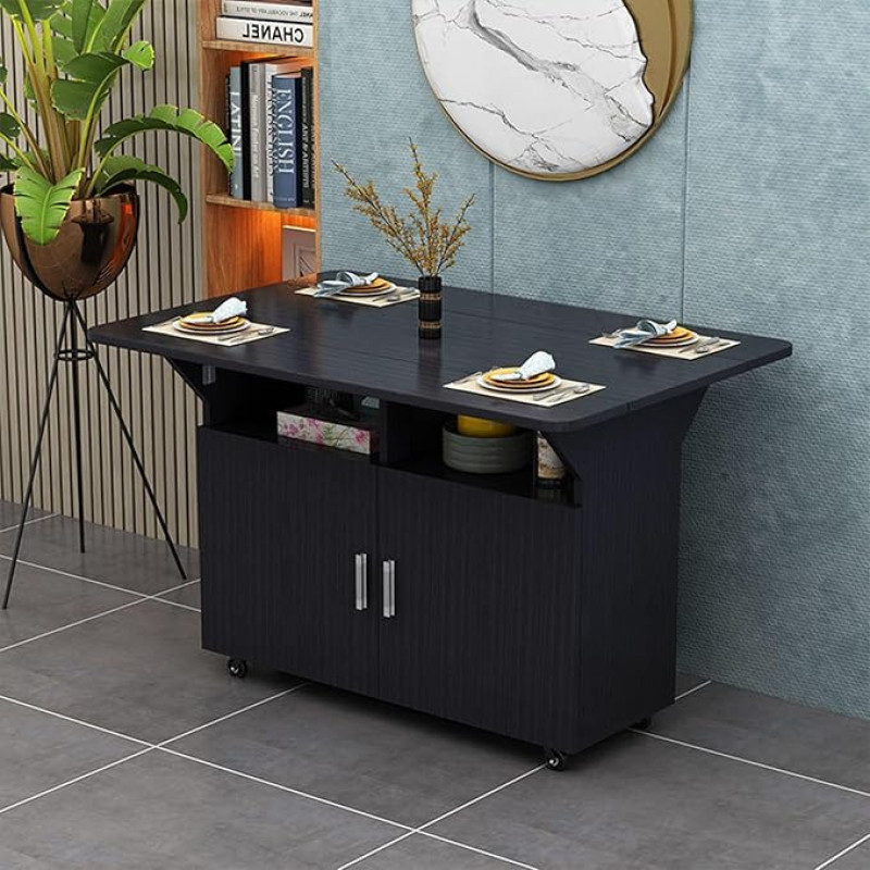 Moderner erweiterbarer klappbarer Esstisch mit Tropfenblättern, tragbarer Küchentisch auf Rollen, platzsparende Möbel mit Stauraum für kleine Küchen, Schwarz (80 x 70 cm)