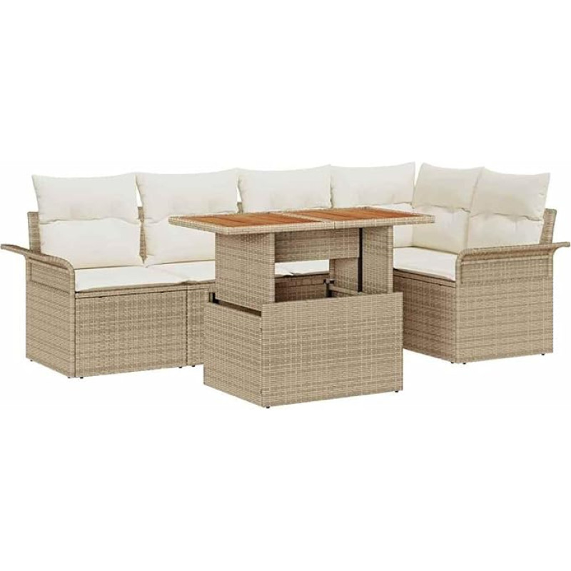 Rantry 6-teiliges Garten-Sofa-Set mit Kissen Beiger Poly-Rattan, 2-Sitzer Garten-Sofa mit Stauraum & Kissen Beiger Poly-Rattan Gartenlounge Model3358073
