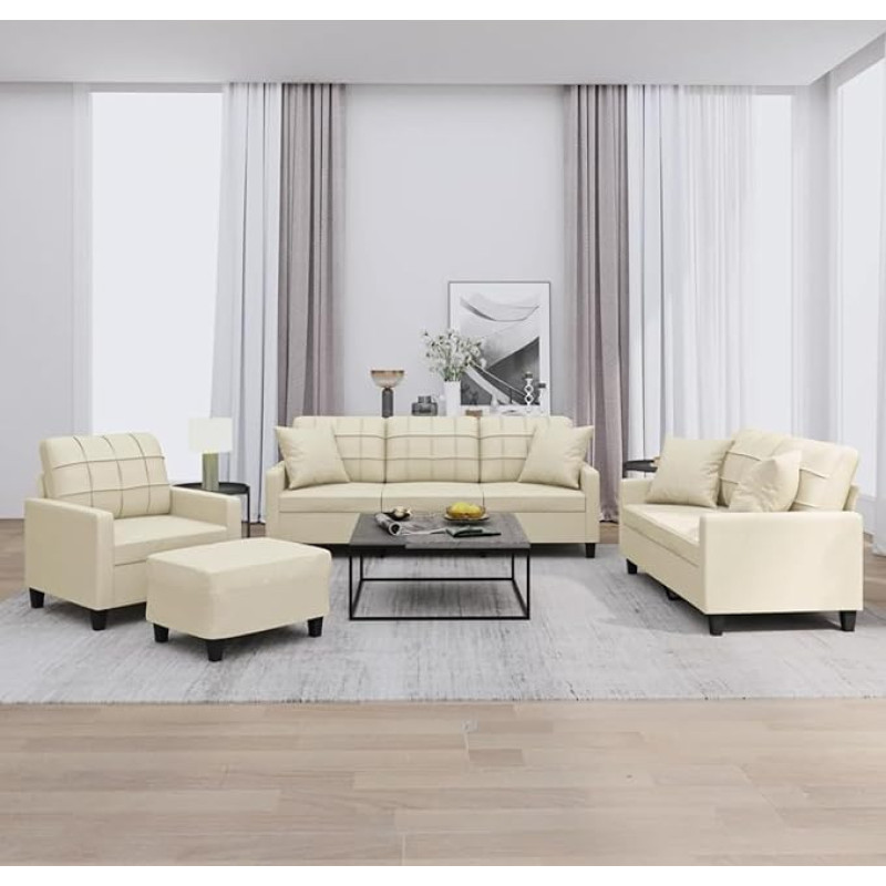 Cremefarbenes Kunstleder-Sofa Set mit 2+3 Sitzen & Fußhocker - Komfortabel & Robust Model3201354