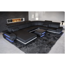 Bologna XXL diivan elamusmaastik nahast USB pordi valgustusega hoiuruumiga nahast diivan peatugedega kaasaegses disainis (Ottomani vasakule (diivanile vaadates), must ja valge)