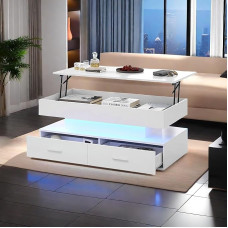 Hüdrauliline tõstetav kohvilaud LED- ja Bluetooth-juhtimisega, kohvilaud 2 sahtliga ja avatud ruumiga, 100 x 50 x 44 cm, valge