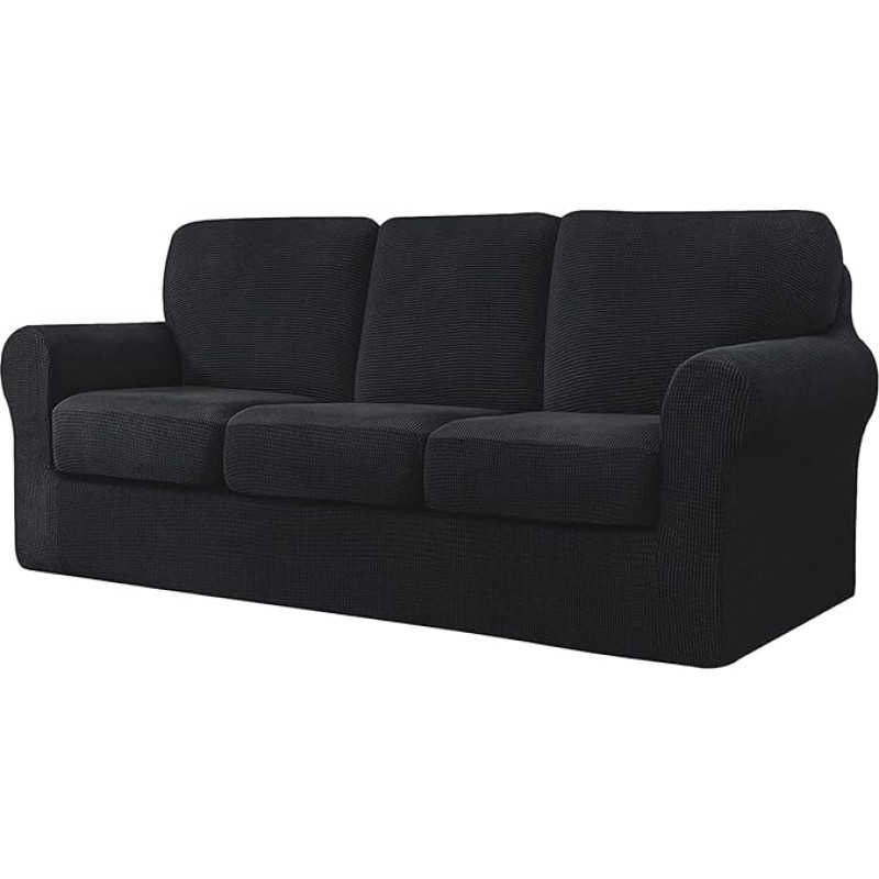 Stretch-Sofabezug-Set für Couch, mit separater Rückenlehne und Kissen, kariert, Spandex-Stoff, schwarz, 3-Sitzer (185 - 235 cm)