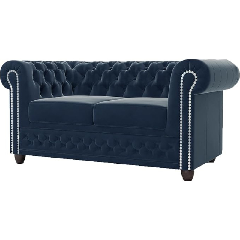 Diivan Diivan 2-kohaline 148 x 86 x 72 cm Vabalt seisev täispuidust jalad Pruun sametkangas Elegantne tikitud hõbedased metallnööbid York mereväe sinine