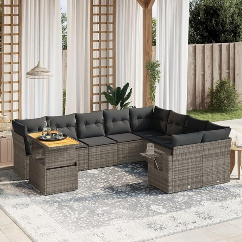 Homgoday Set Schlafsofa, 10-teiliges Gartensofa-Set mit grauen Kissen aus Polyrattan, Set für Schlafsofa, Wohnzimmer, Sofa, Garten, modernes Sofaset für den Außenbereich, Möbel g