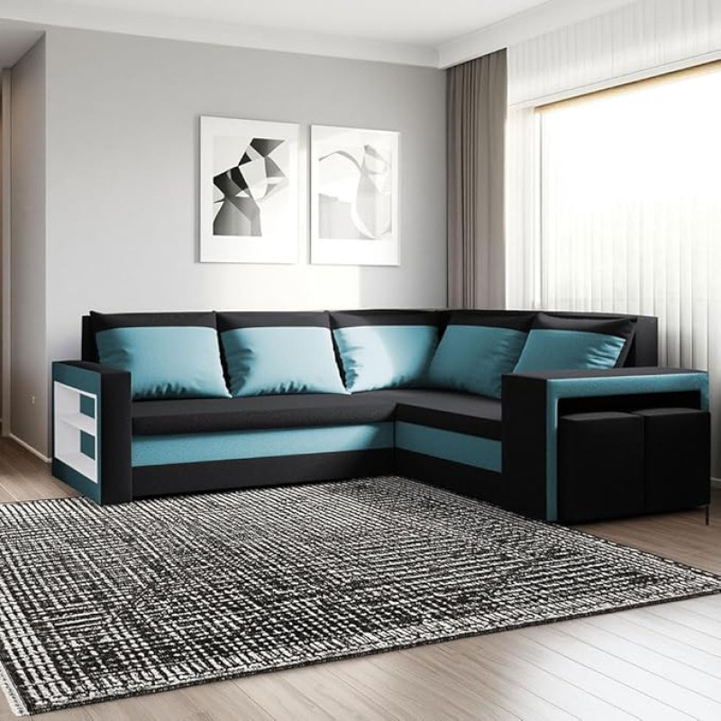 Malabo L Ecksofa mit Schlaffunktion und Bettkasten L-Form 220x202 cm - schwarz-blaues Sofa mit 2 Hockern, Regal im Seitenteil & Stauraum, Stoff Basic
