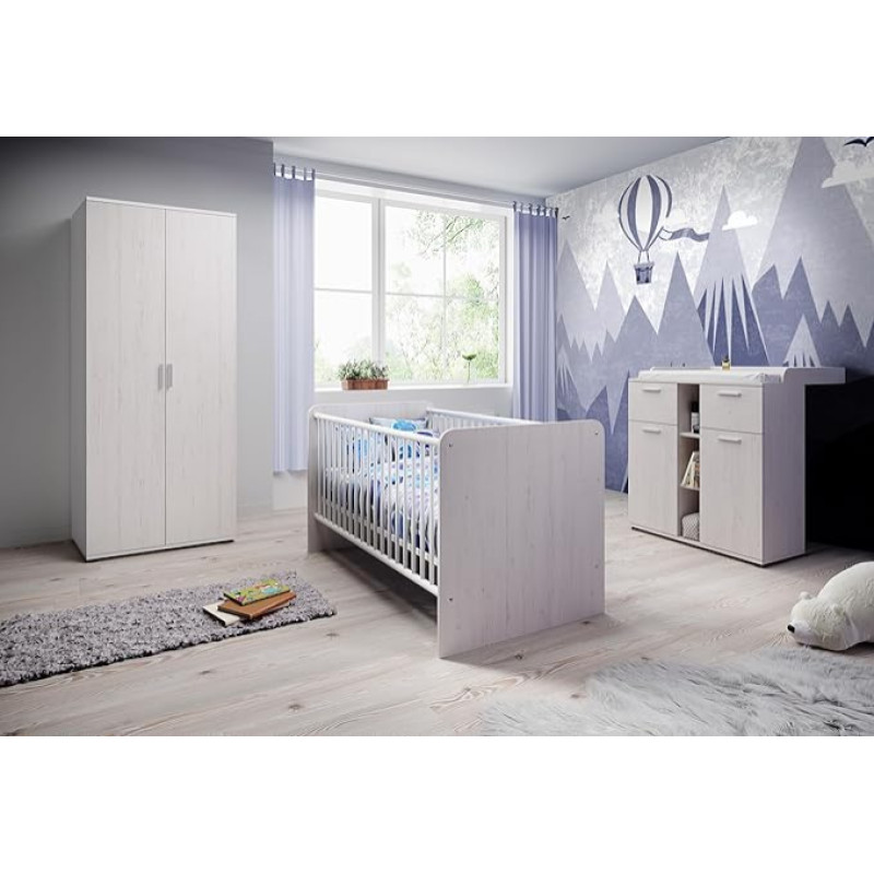 M Möbel-Direkt Deutschlands schnelle Möbel Bobi 5-Piece Baby Room Complete Set in Anderson Pine with Hinged Door Cupboard, Baby Cot 70 x 140 cm Height Adjustable, Conversion Sides, Changing Table